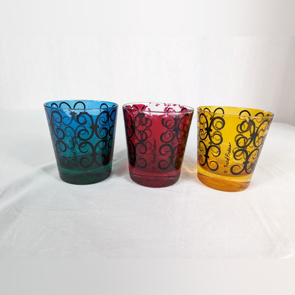 Fred Press Colorful Glasses Tumblers Votive Holder Vintage MCM Black Scroll - 3